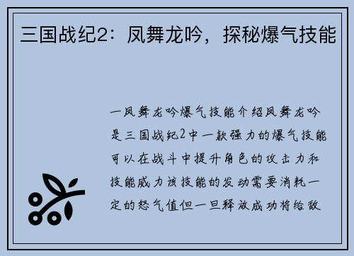 三国战纪2：凤舞龙吟，探秘爆气技能